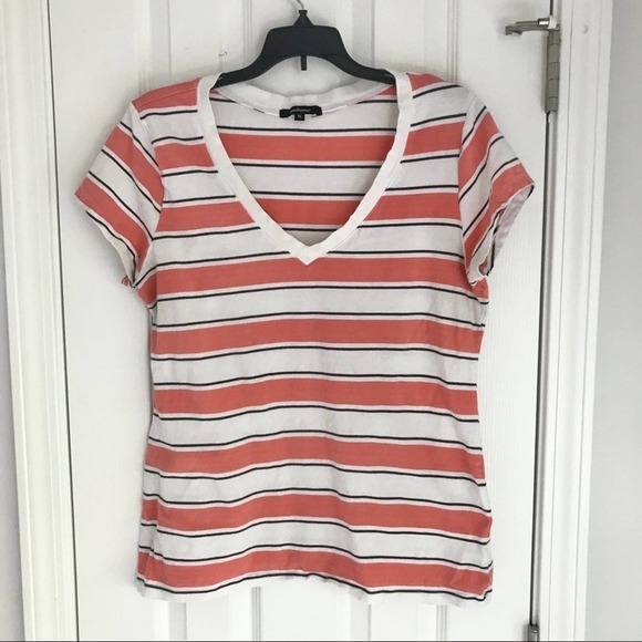 Ambiance Coral and White Striped V-Neck Tee - Picture 3 of 9